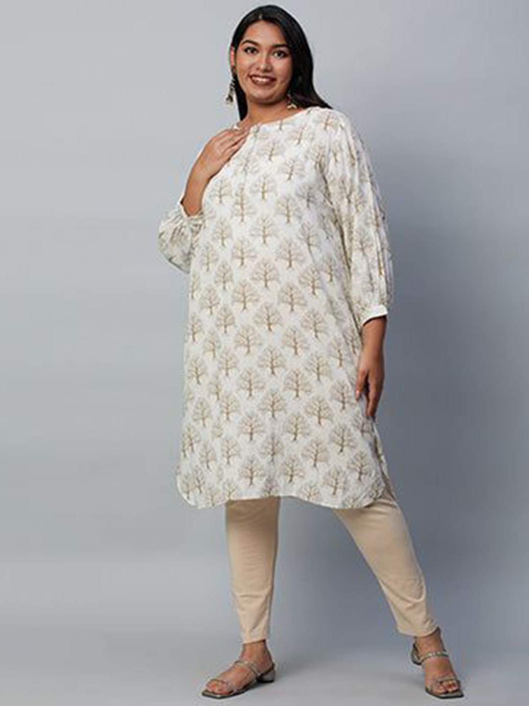 Big Hello - The Plus Life Women Ethnic Motifs Printed Mandarin Collar Cotton Longline Top