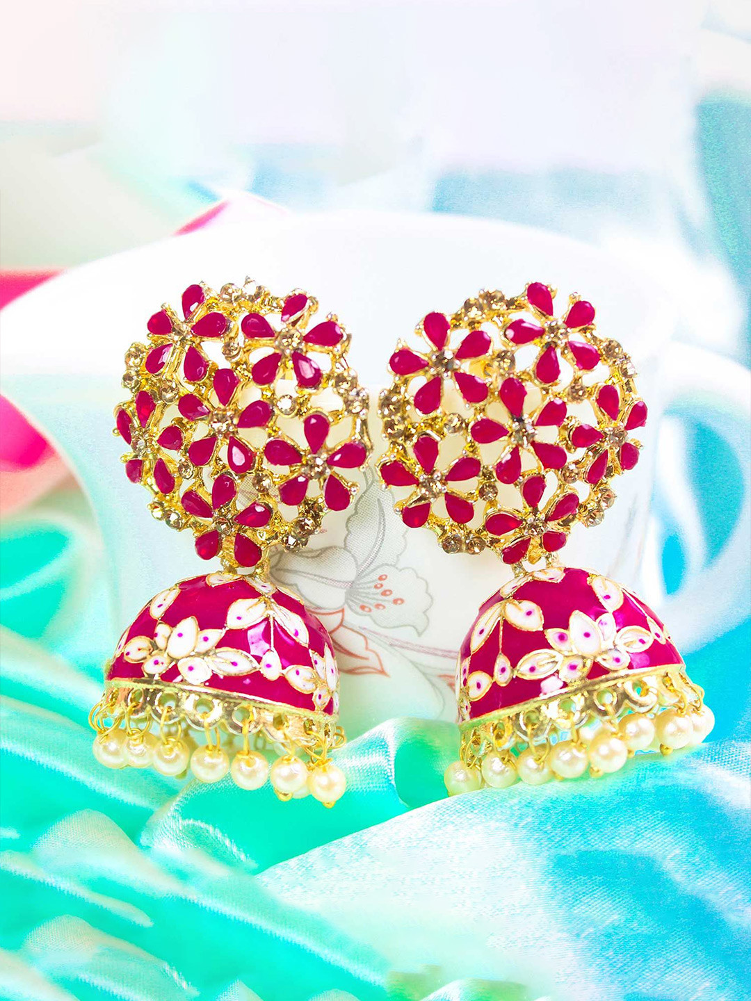 Glamgem Gold-Plated Artificial Stones Studded And Pearls Beaded Dome Shaped Jhumkas