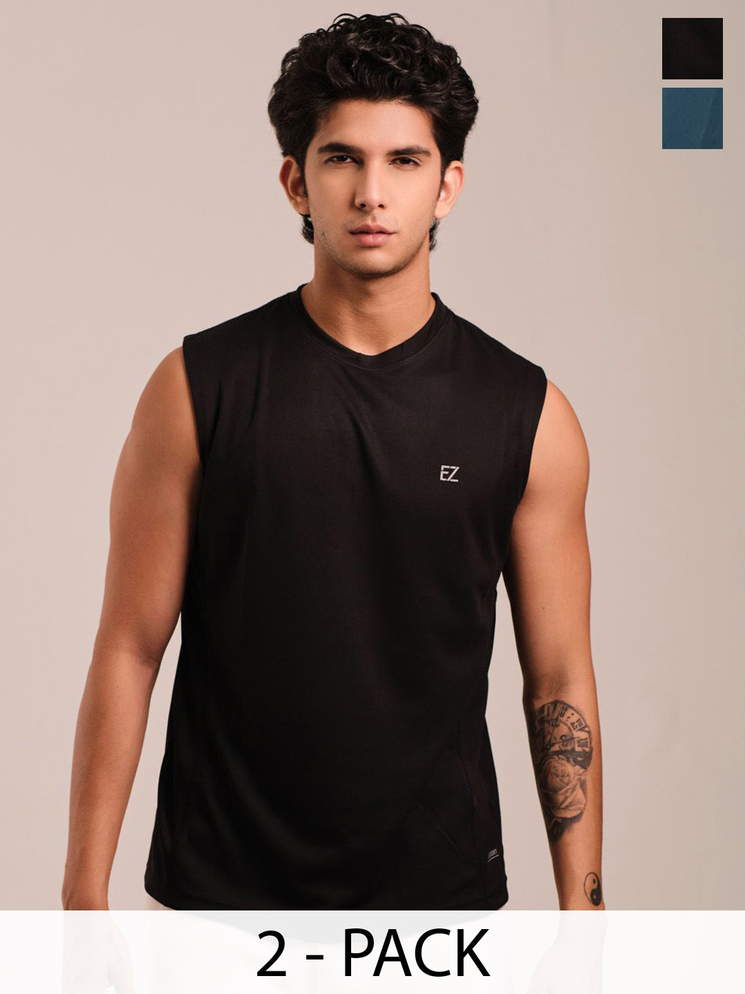 EAZY Pack Of 2 Round Neck Dry Fit Gym Vest EZ_QDRN_BLUEC_BLACK_S