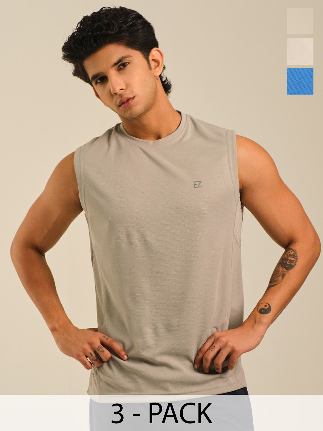 EAZY Men Pack Of 3 Round Neck Dry Fit Gym Vest EZ_QDRN_WHITE_IBLUE_PGREY_S