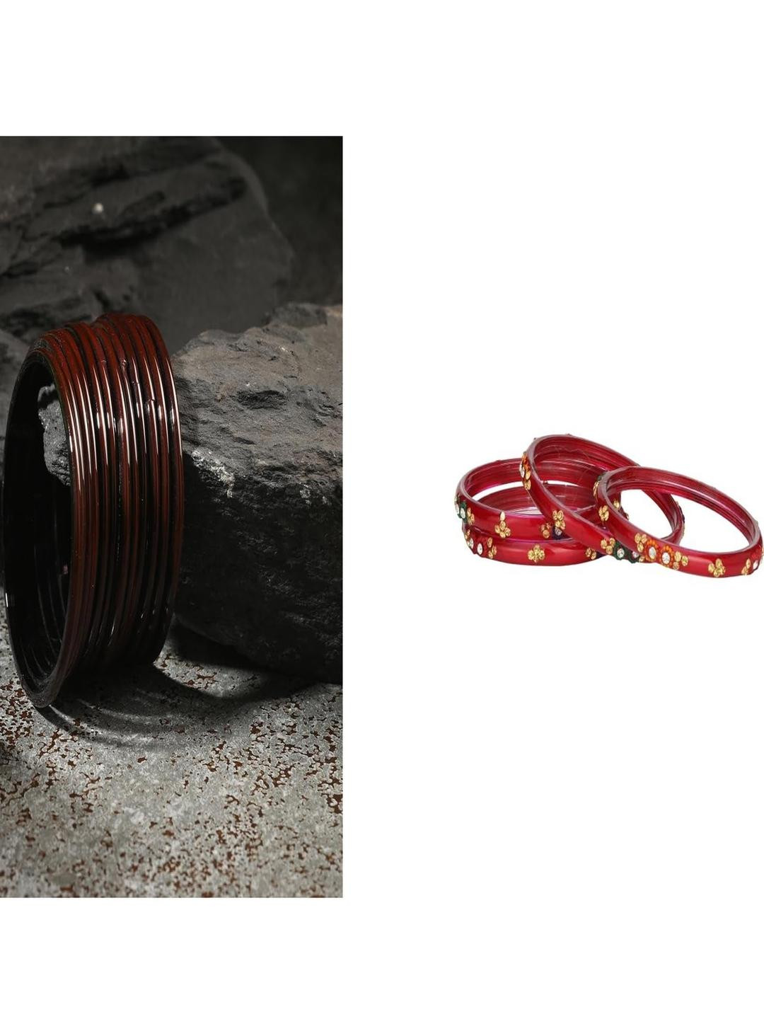 1ST TIME Set of 16 Brown & Red Artificial Stones Studded Bangles Set