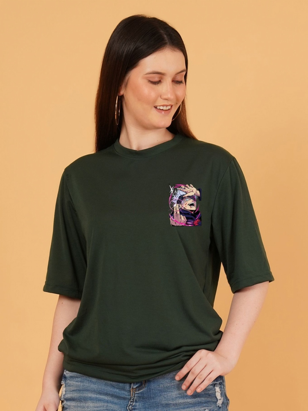 kintu parantu Women Demon Slayer Graphic Printed Round Neck Cotton Oversized T-shirt