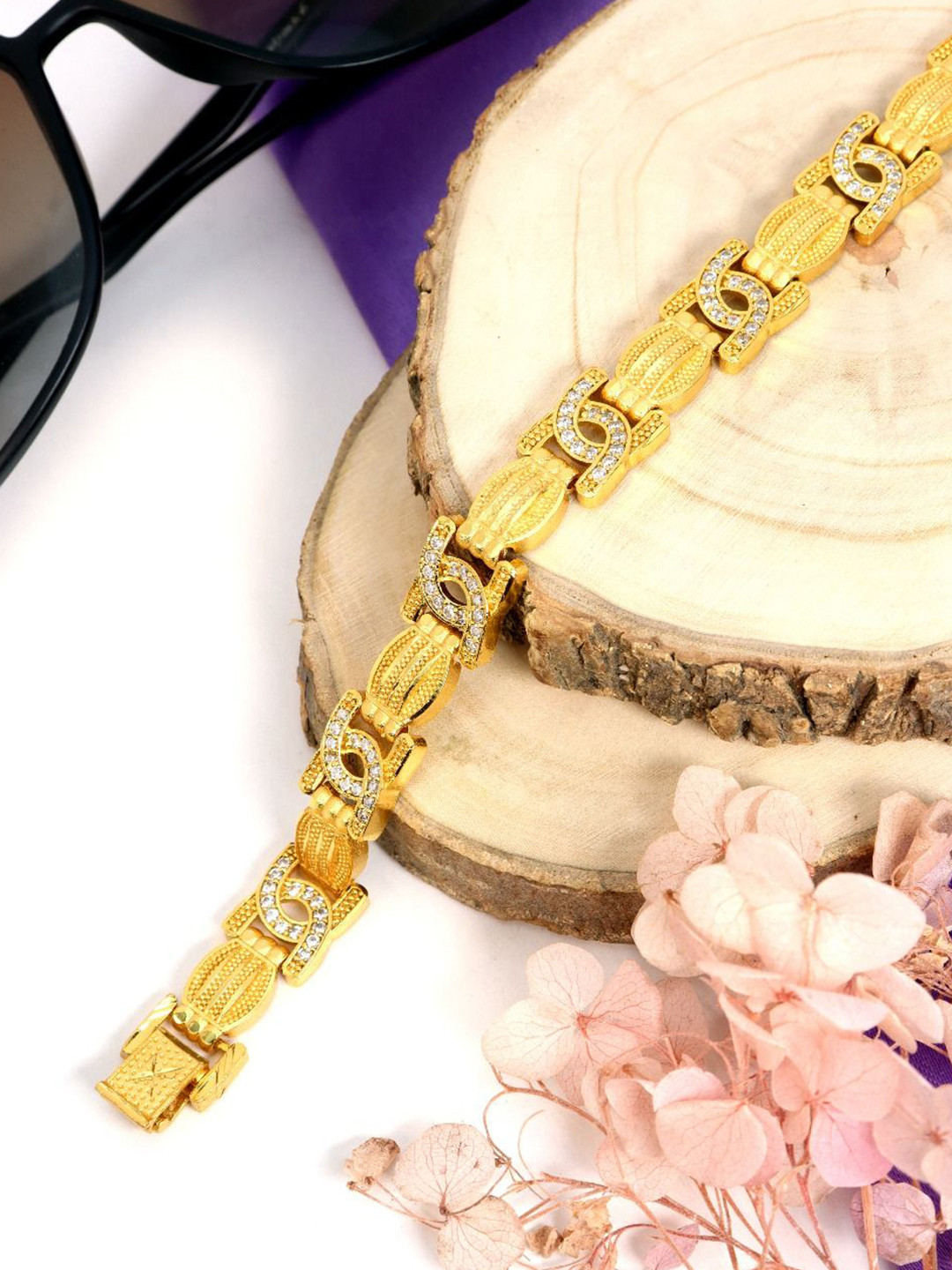 City Girl  Men 24K Gold Plated American Diamond Studded Link Bracelet
