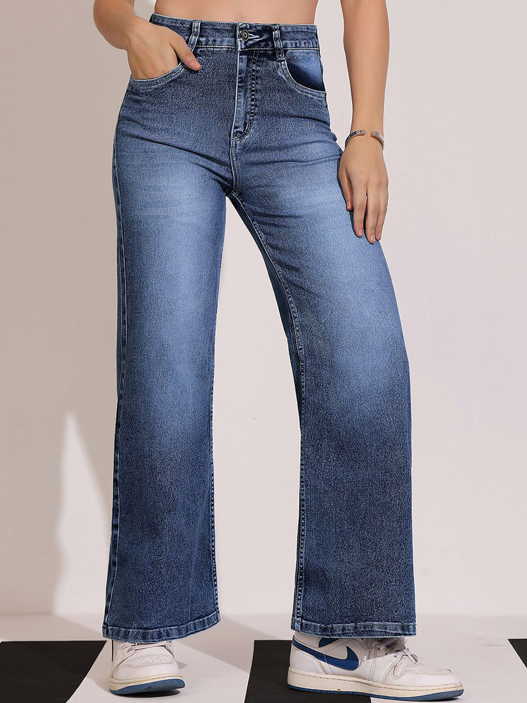 Women's Wide-Leg High-Rise Clean-Look Regular-Length Stretchable Denim Jeans