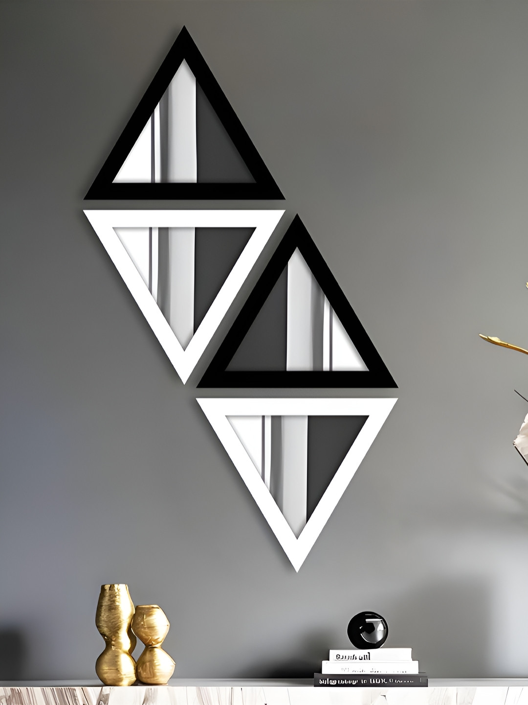 Art Street Set of 4 White & Black Triangular Shape Hanging Hook Wall Mirrors