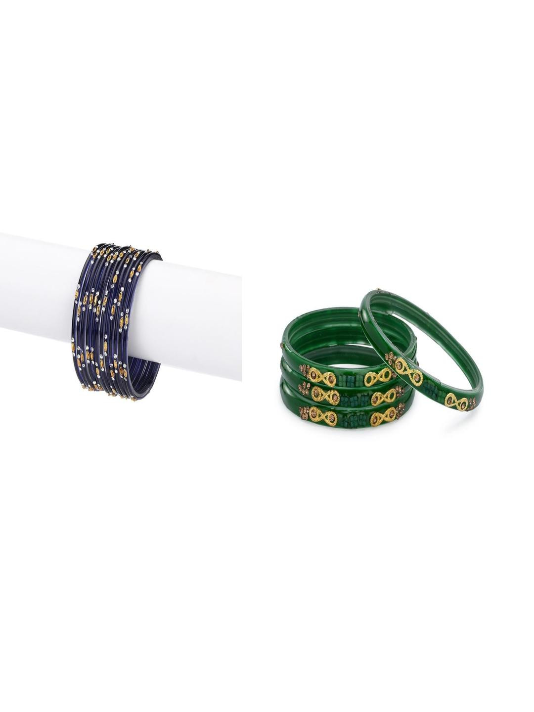 1ST TIME Women Pack Of 2 Blue And Green Glass Ethnic Handcrafted Traditional Bangle