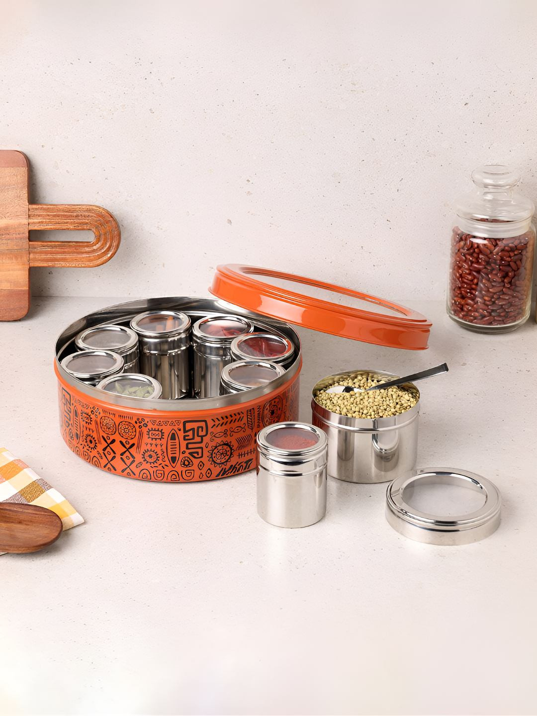 dudki Orange & Rust Stainless Steel 9 In 1 Dishwasher Safe Spice Box