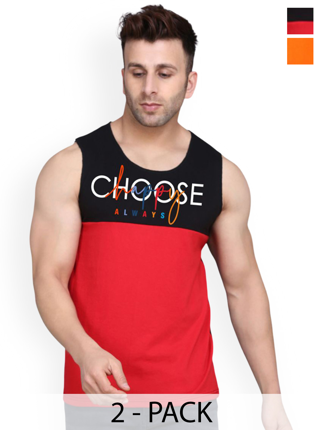 SLOWLORIS Pack Of 2 Printed Combed Cotton Bio-Wash Gym Vests VSL26 CMB(CHS BLACKRED)(OVRTN