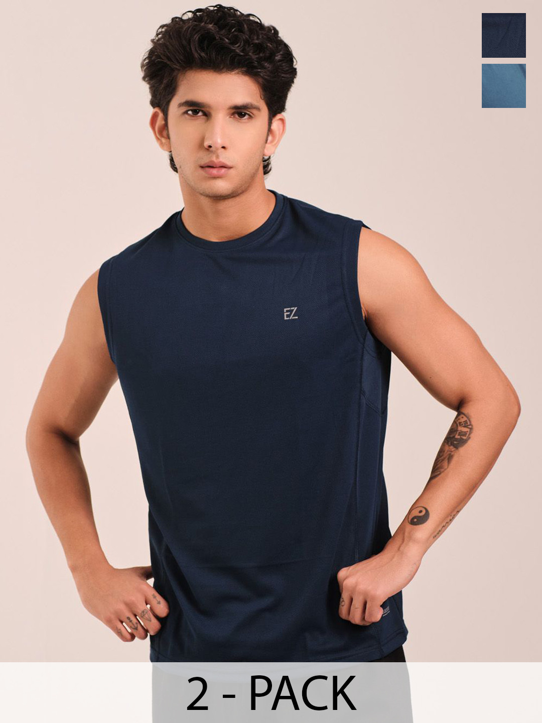 EAZY Pack Of 2 Round Neck Dry-Fit Tank Vests EZ_QDRN_BLUEC_NAVY_S