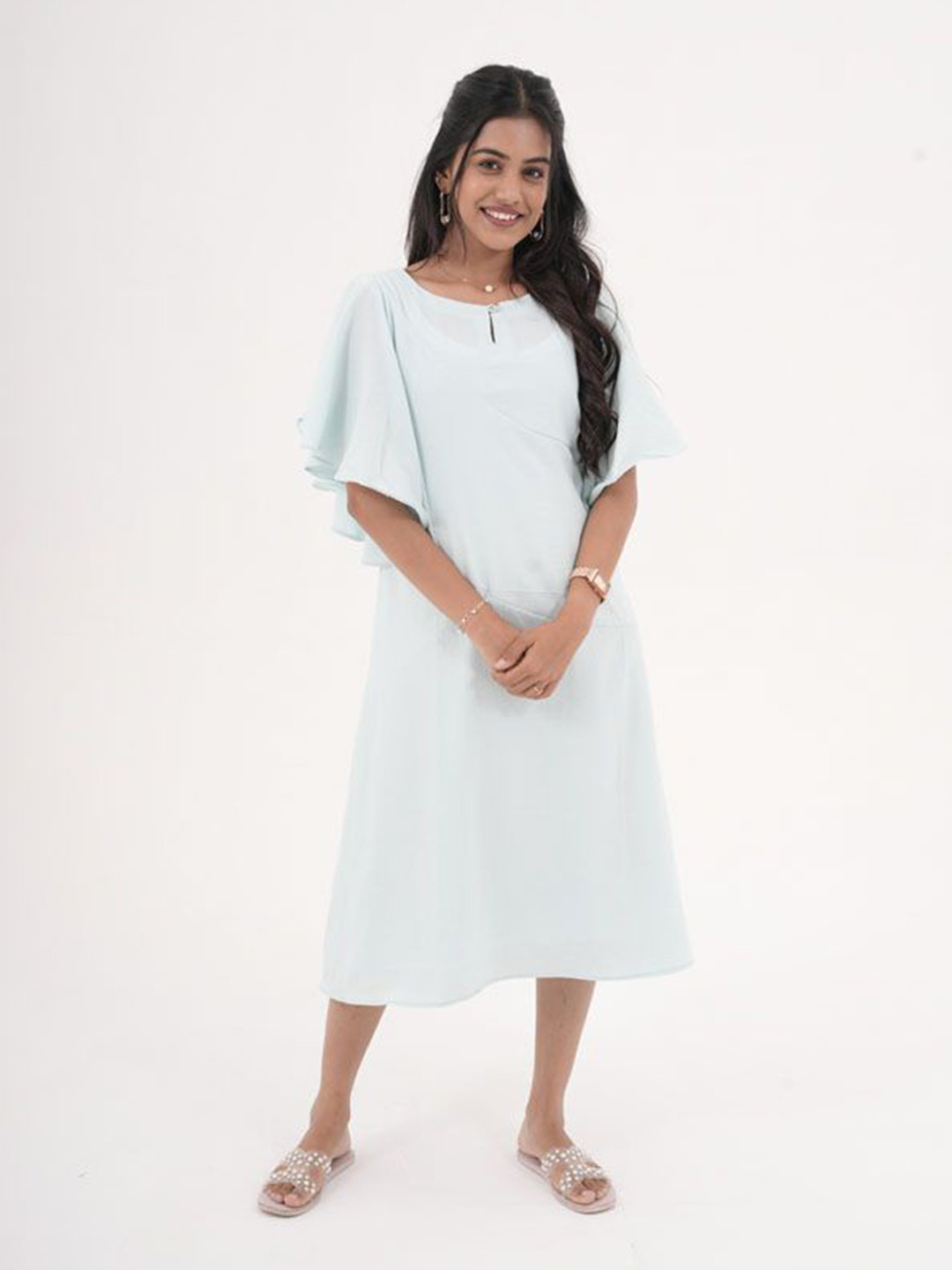 Eilaa Women Popcorn Killer Flared Sleeve A-Line Midi Dress