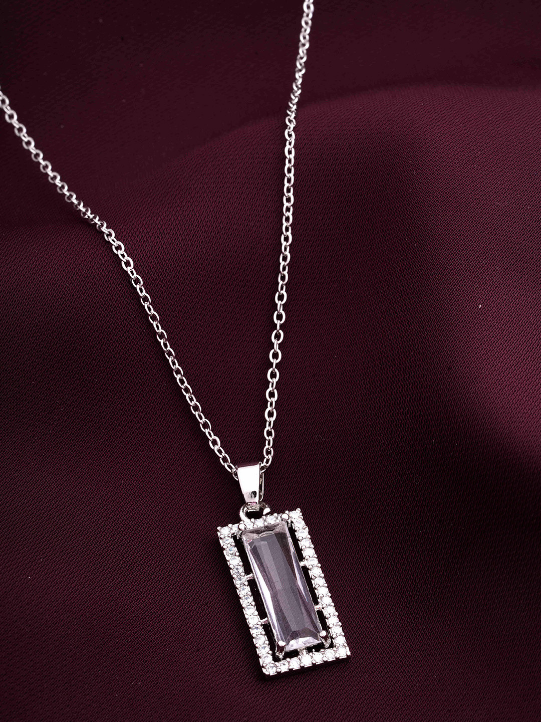 STYOLLO Silver-Plated Cubic Zirconia Studded Rectangular Shaped Pendant With Chain
