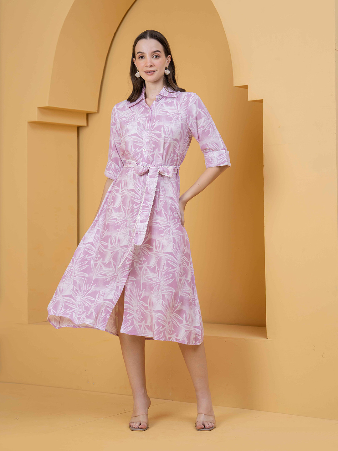 HIGHLIGHT FASHION EXPORT Tropical Printed Shirt Collar Tie-Ups Detail Shirt Midi Dress