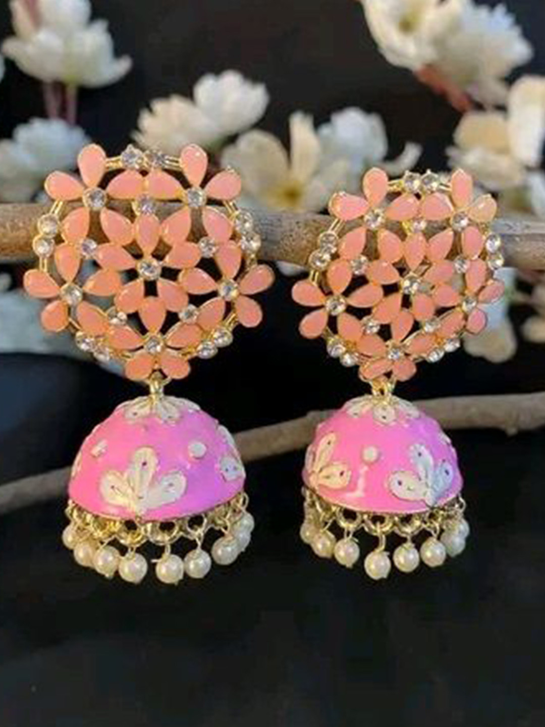 Glamgem Gold-Plated Artificial Stones Studded And Pearls Beaded Dome Shaped Jhumkas
