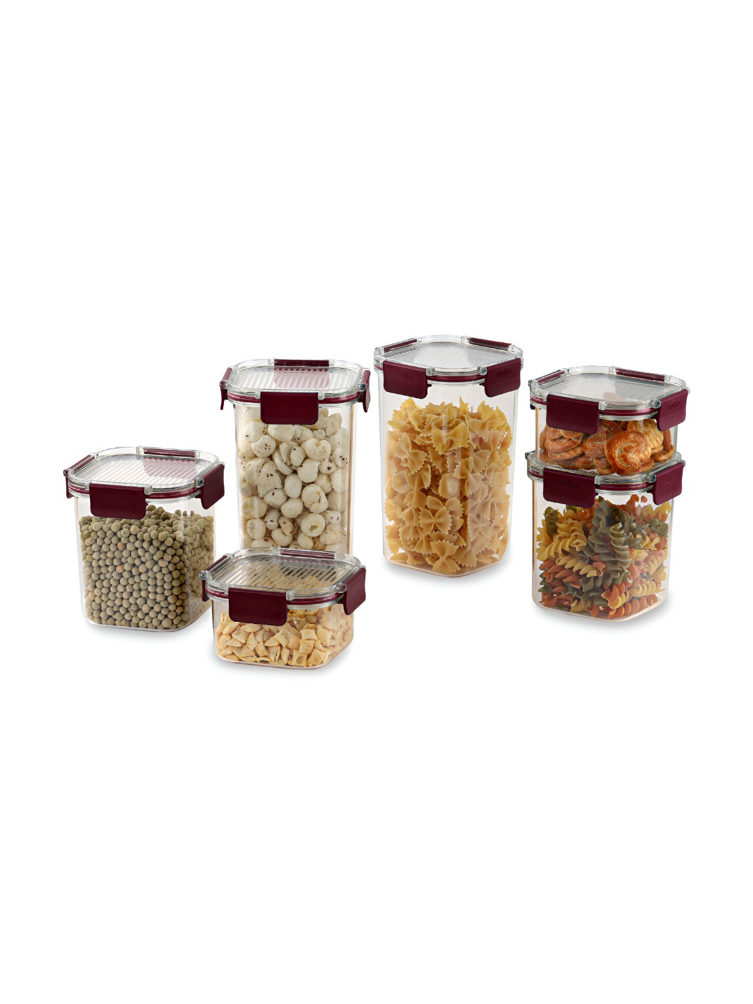 Cello Maroon 6 Pieces BPA Free Jar Containers With Stack Lock-900ml,450ml,1.3 L