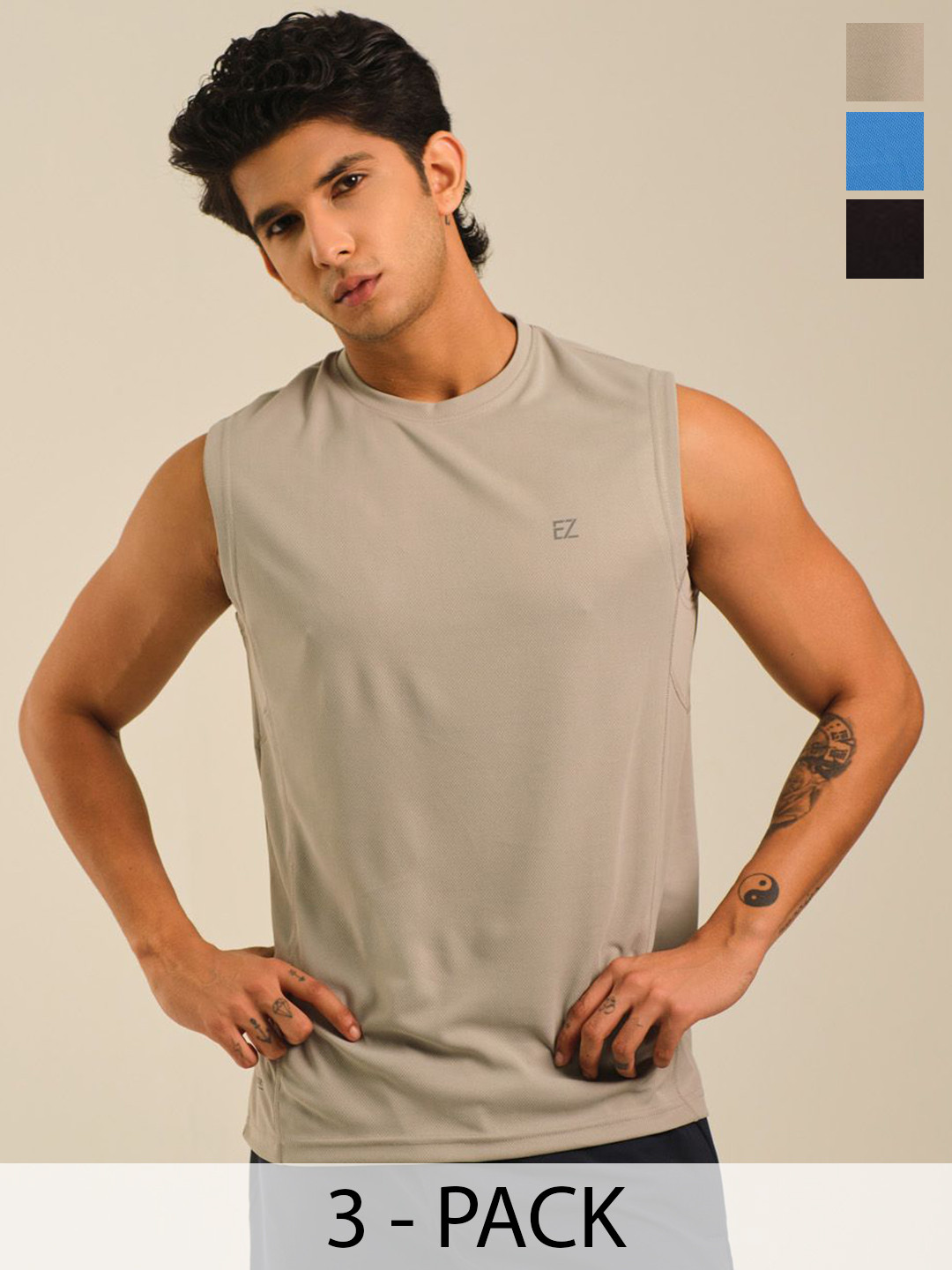 EAZY Men Pack Of 3 Round Neck Dry Fit Gym Vest EZ_QDRN_IBLUE_PGREY_BLACK_S