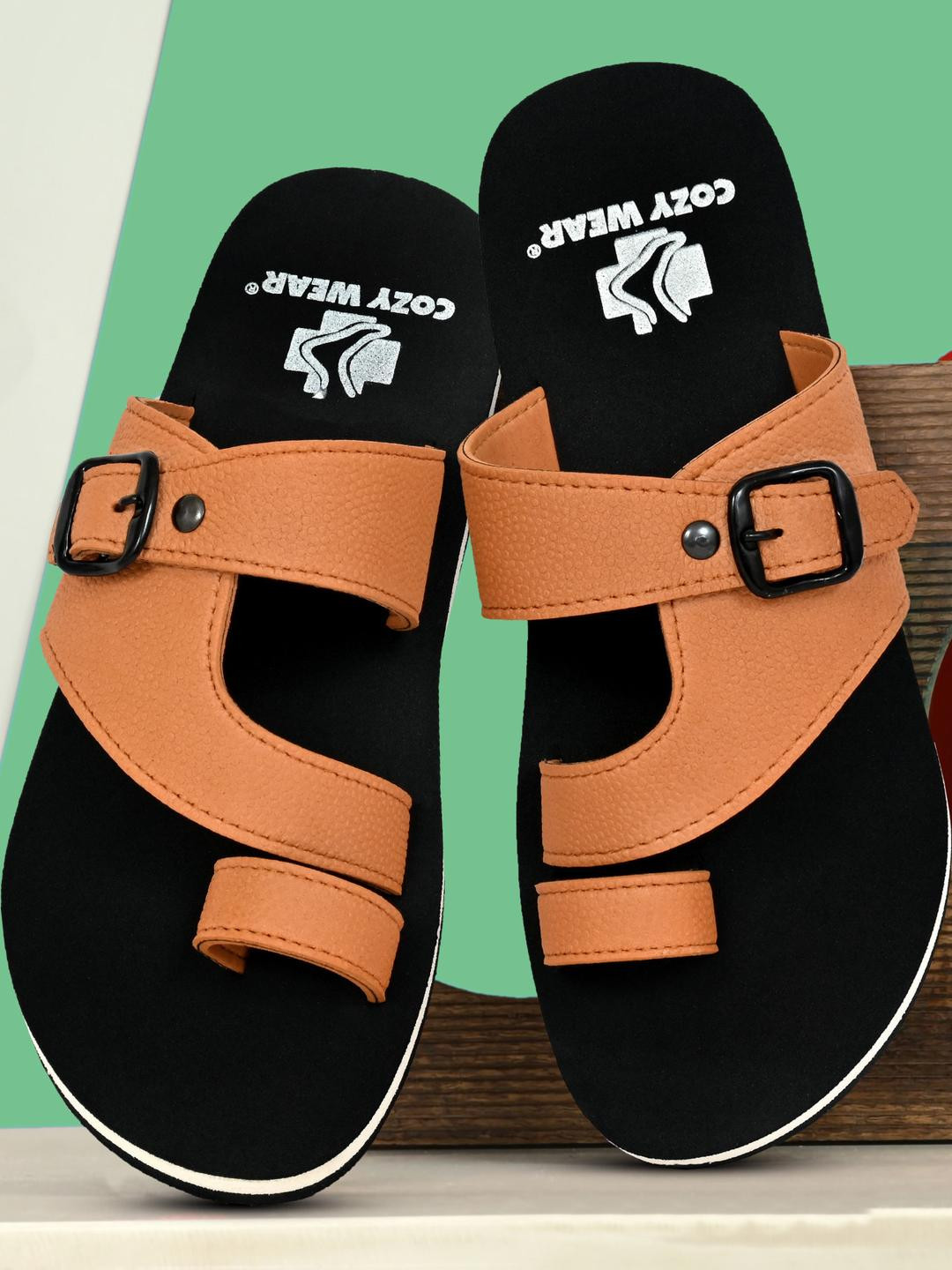 Cozy Wear Men Tan Solid Synthetic Open Toe Flip Flops With Buckles