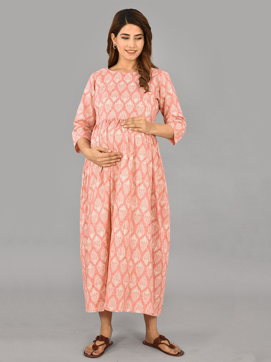 Negen Women Maternity Ethnic Motifs Printed Cotton Fit & Flare Maxi Dress