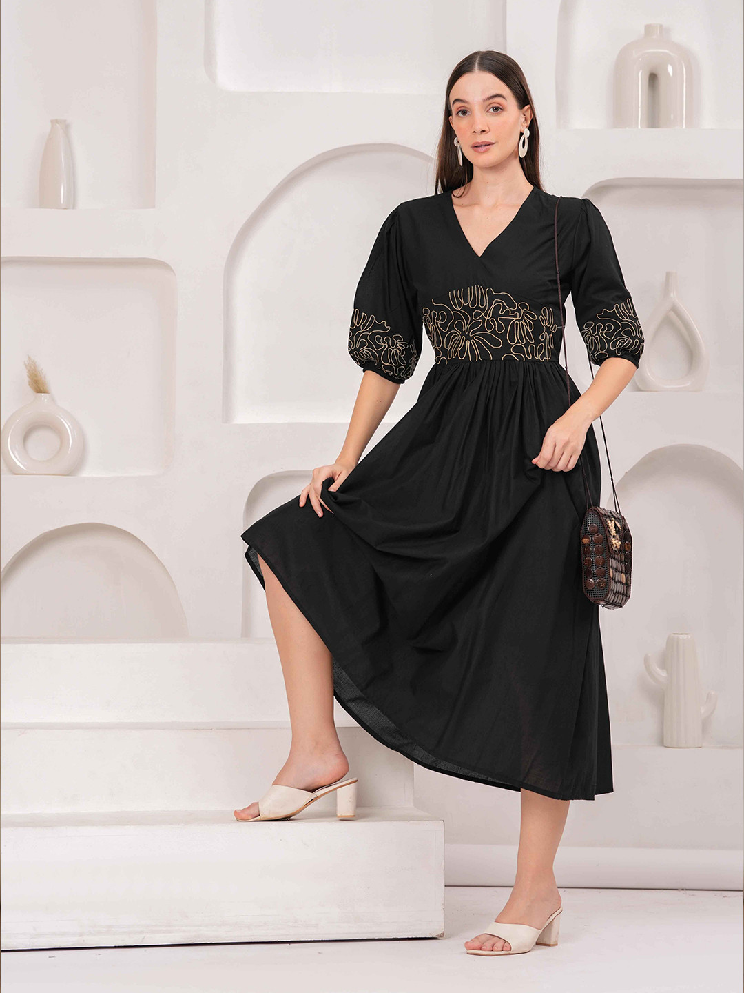 HIGHLIGHT FASHION EXPORT Women Foral Embroidery V-Neck Fit & Flare Midi Dress