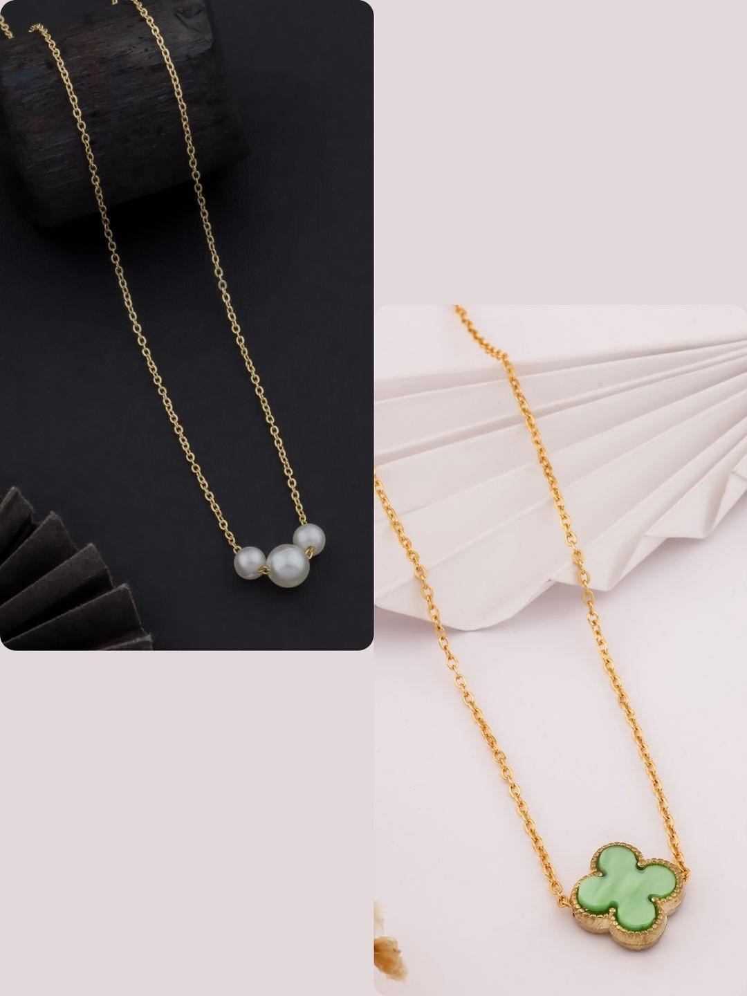 DressBerry Women Set of 2 Sea Green and White Brass Gold-Plated Necklace