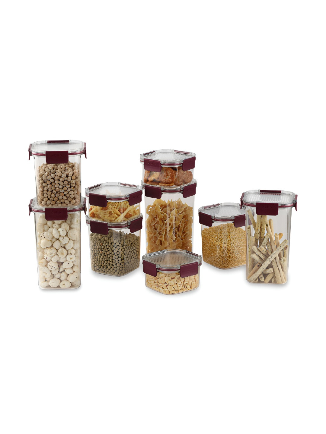 Cello Maroon 9 Pieces BPA Free Jar Containers With Stack Lock-900ml,450ml,1.3 L