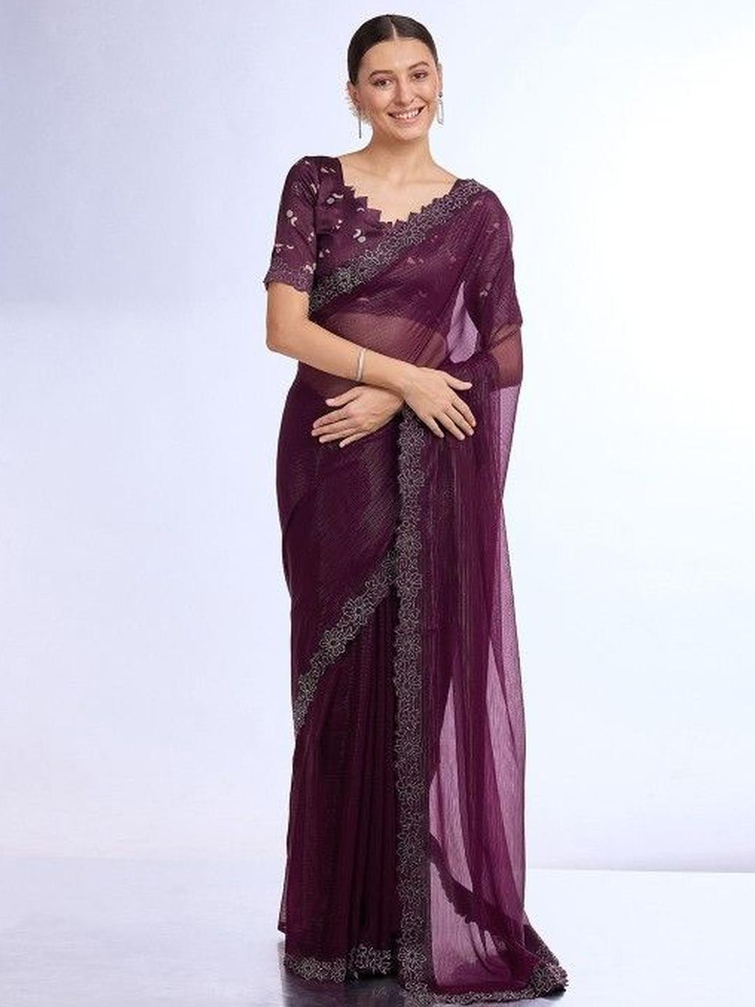 KARAGIRI Wine Georgette Saree With Blouse Piece