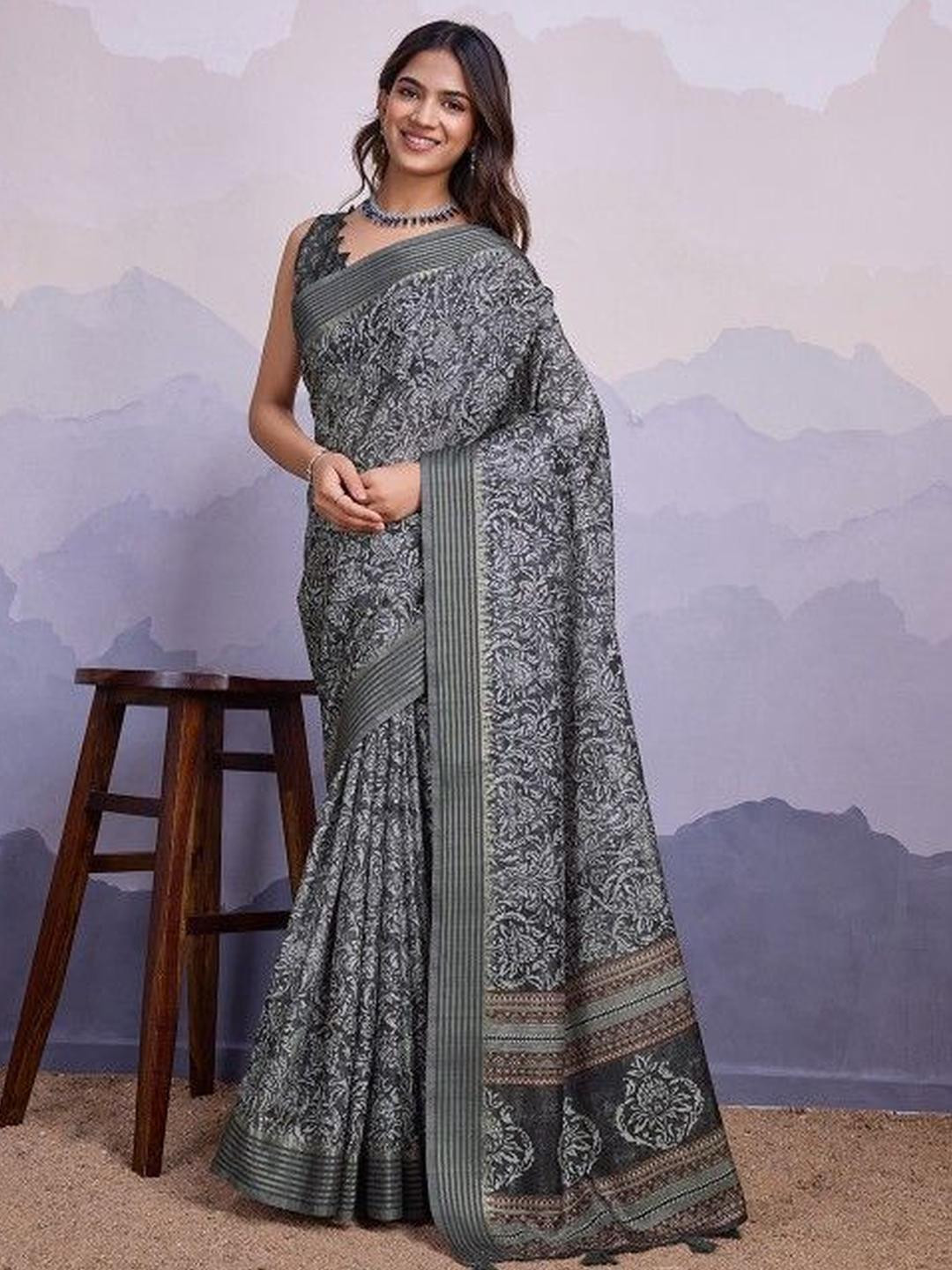 KARAGIRI Grey Poly Silk Festival Saree With Blouse Piece