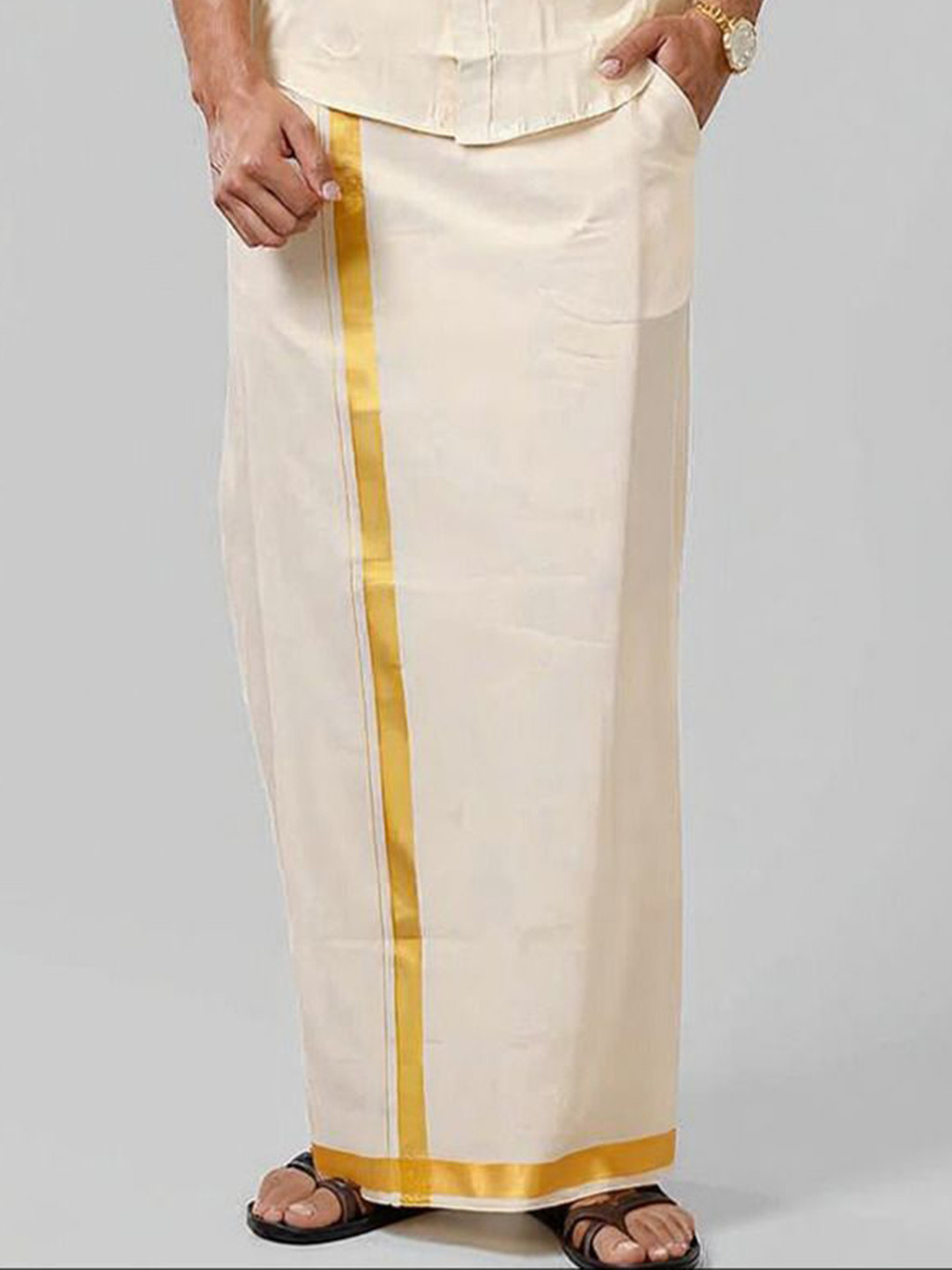 Viveagham Men Tissue Readymade Single Layer Gold Dhoti with Jari Border
