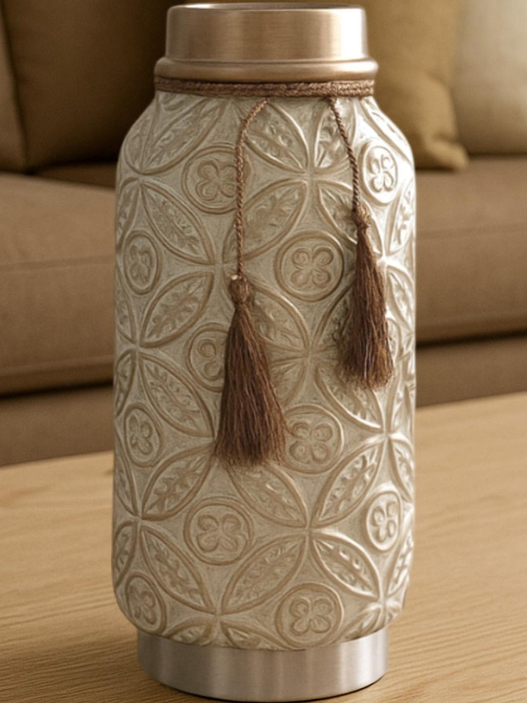 AARVI DECOR STUDIO Beige Vintage Inspired Ceramic Cylindrical Shaped Vase