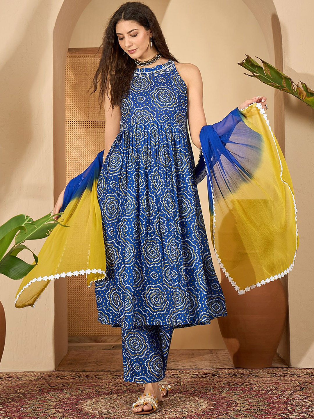 Sangria Women Bandhej Printed Pure Cotton Anarkali  Kurta With Trouser & Dupatta