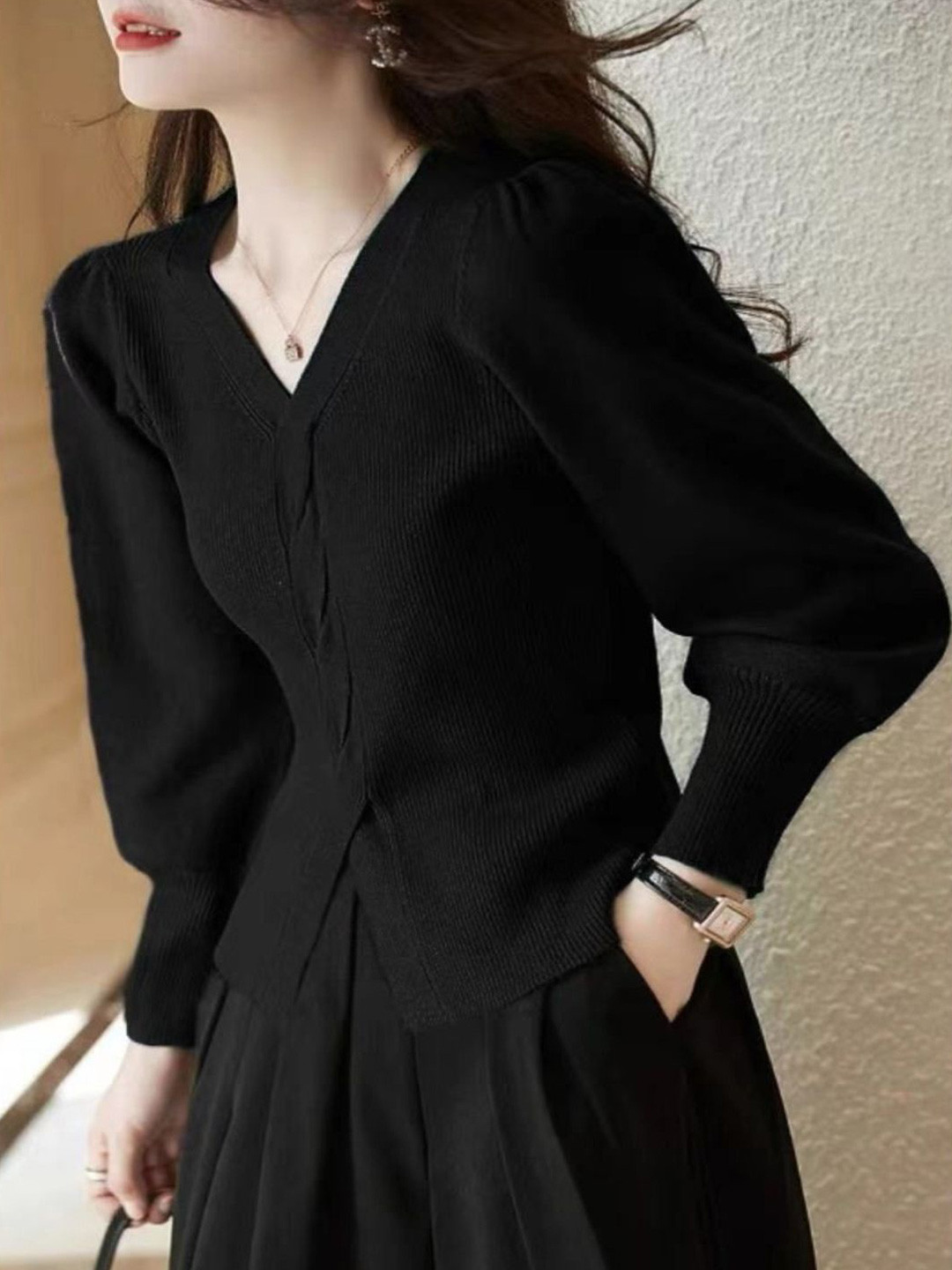 StyleCast Women V-Neck Ribbed Puff Sleeve Cardigan Sweaters