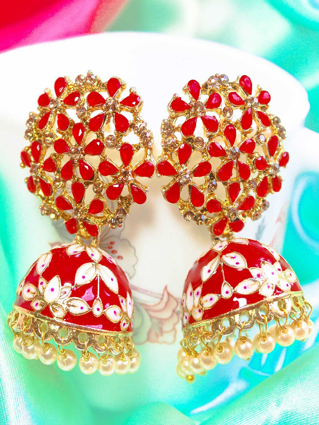 Glamgem Gold-Plated Artificial Stones Studded And Pearls Beaded Dome Shaped Jhumkas
