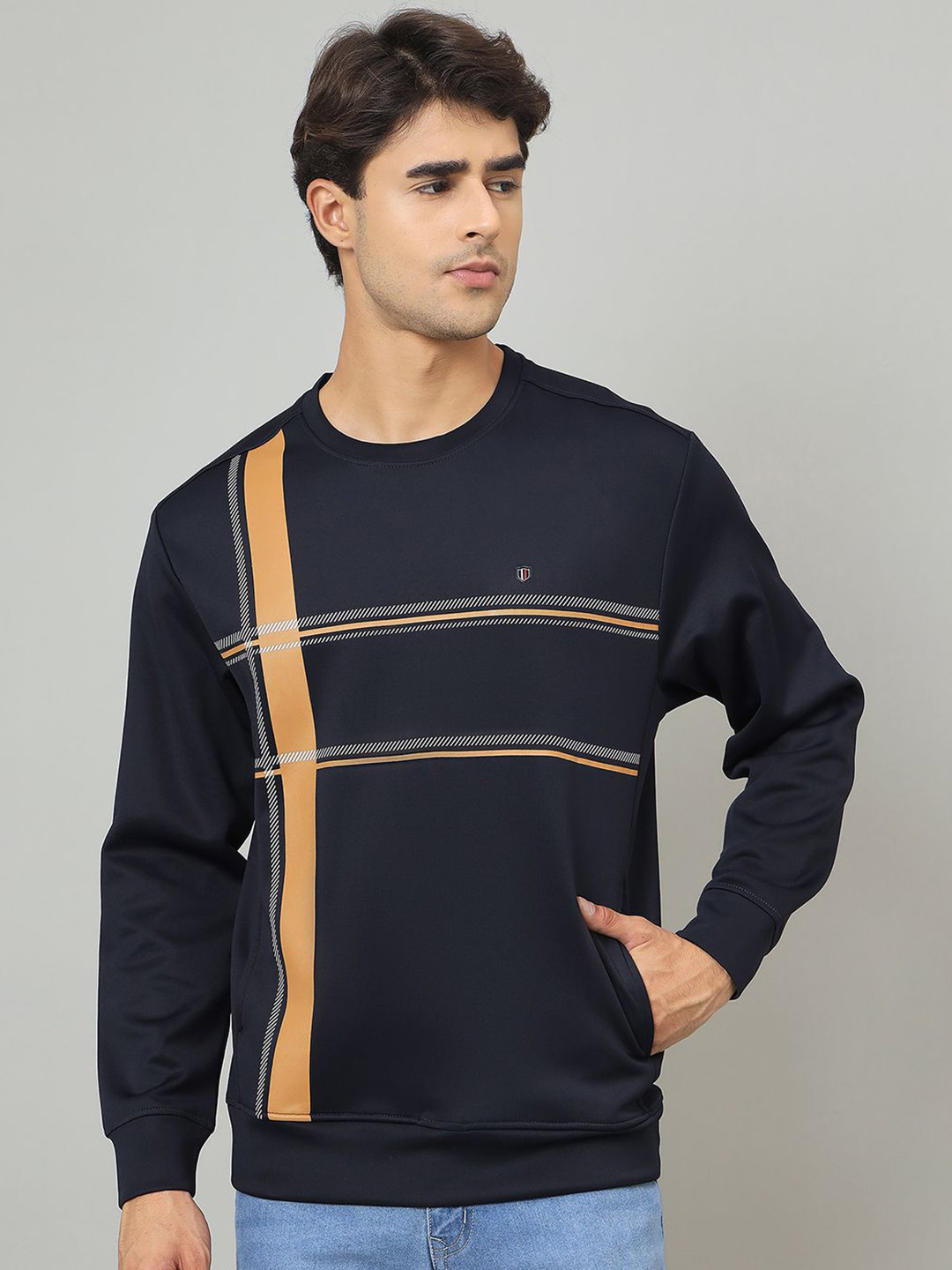 Duke Men Striped Round Neck Long Sleeves Pullover Sweatshirt