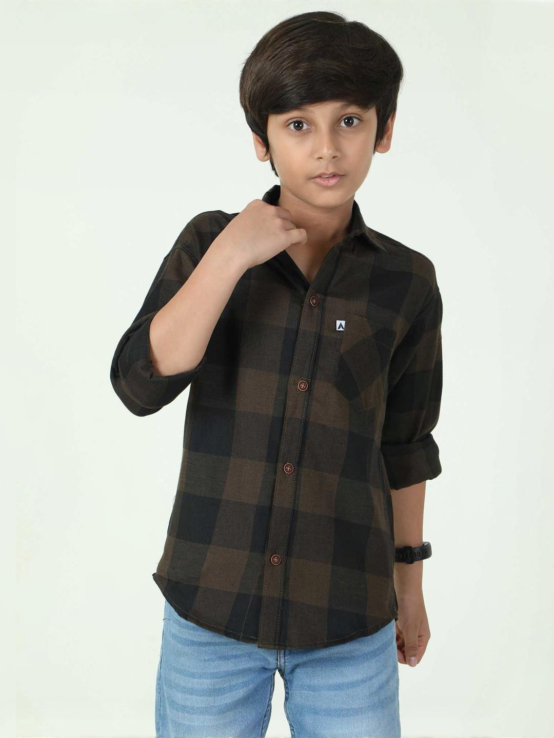 ALLWIN PAUL Boys Brown Comfort Tartan Checked Spread Collar Long Sleeves Casual Shirt