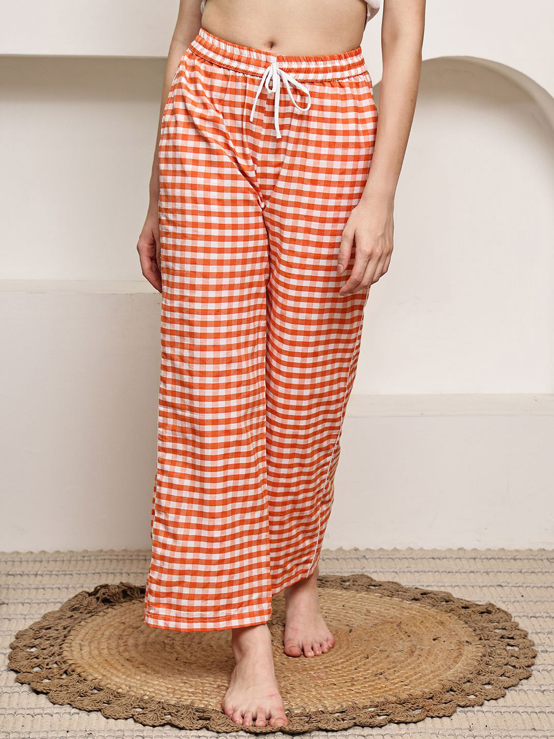 NEUDIS Women Gingham Checked Relaxed-Fit Straight-Leg Lounge Pants