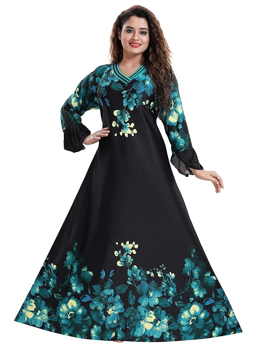 PURSA Women Green & Black Floral Printed Satin V-Neck Long Bell Sleeves Maxi Nightdress