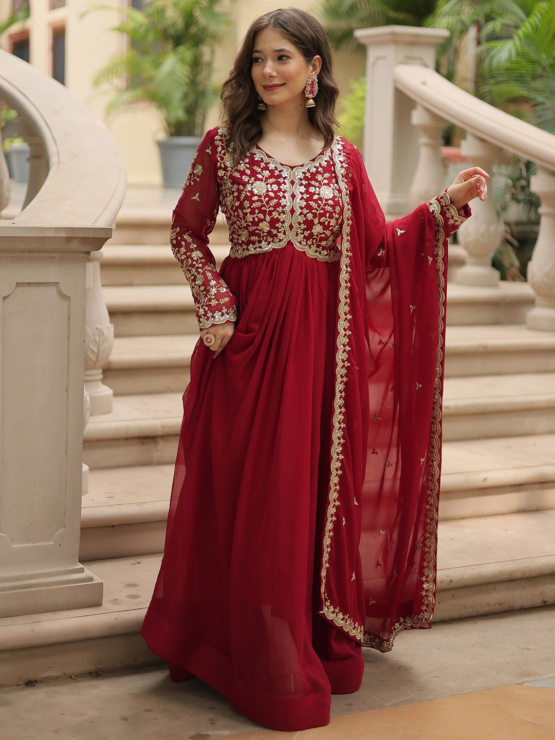 KALINI Floral Embroidered Sequinned Anarkali Kurta With Trousers & Dupatta