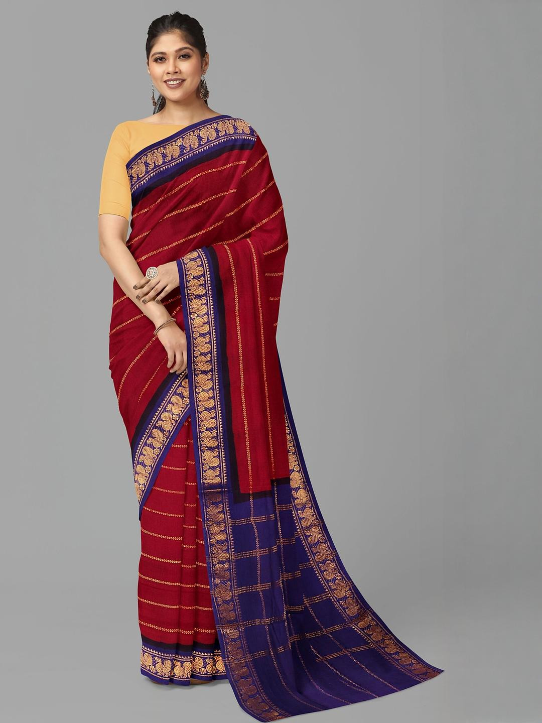 The Chennai Silks Striped Zari Pure Cotton Madurai Sungudi Saree