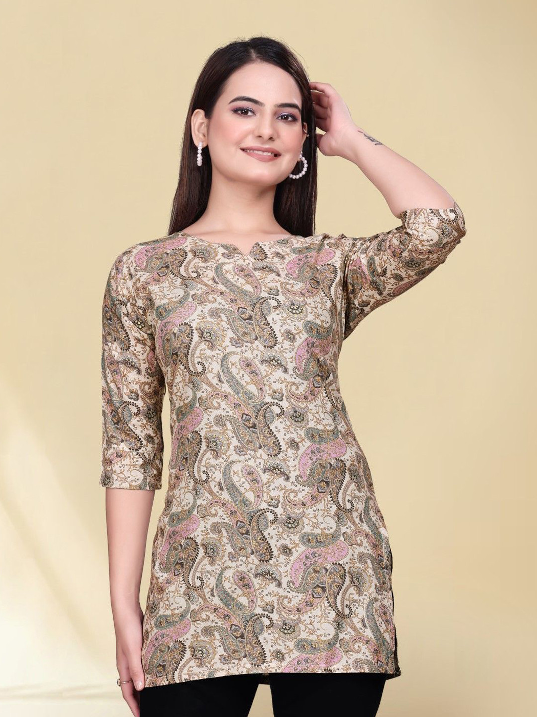 FASTCLO Women Ethnic Motifs Printed V-Neck Pure Cotton Kurti