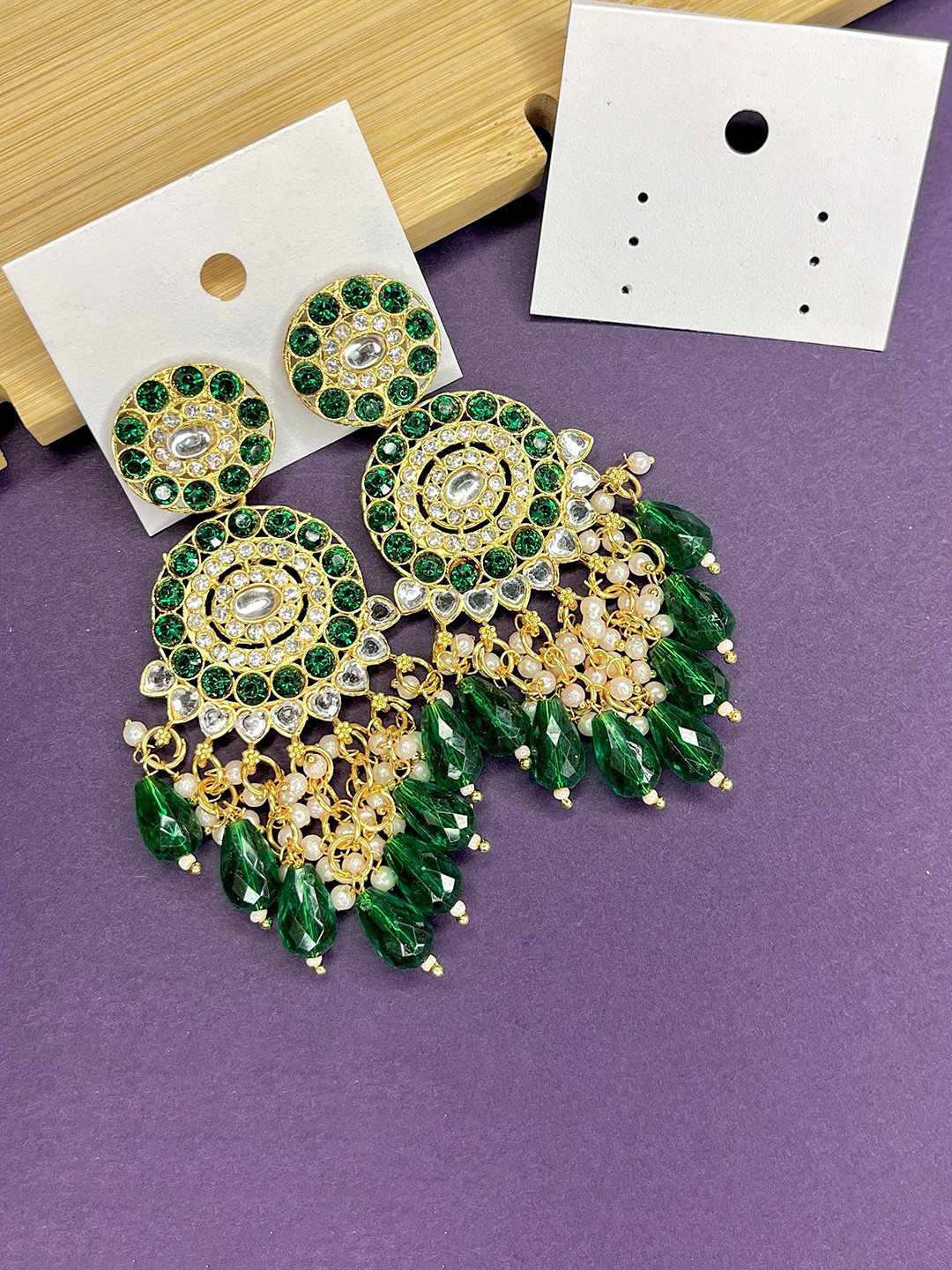 Glamgem Gold Plated Stones Studded And Pearls Beaded Circular Shaped Drop Earrings