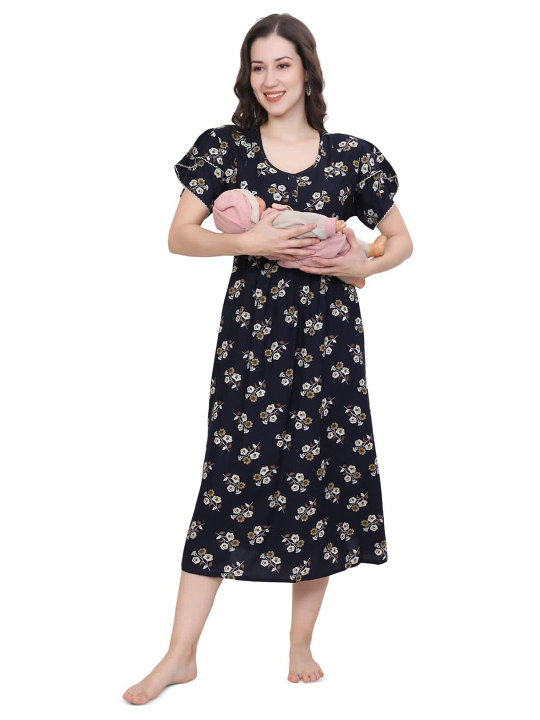 Ms.Lingies Women Floral Printed Round Neck Midi Nightdress