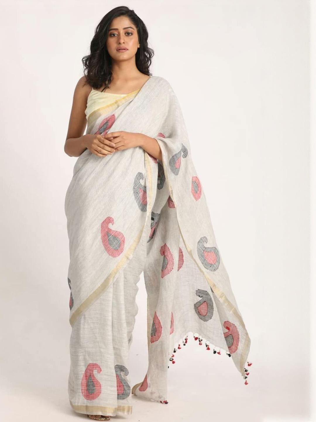 Jinal & Jinal Paisley Digitally Printed Pure Linen Jamdani Saree with Zari Border