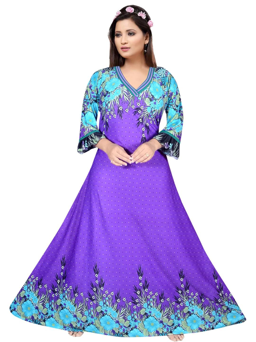 PURSA Women Three Quarter Sleeves Printed Maxi Nightdress