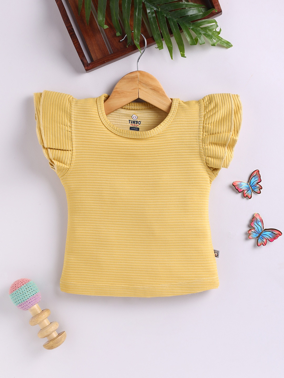 YK X Tinyo Self Striped Flutter Sleeve Cotton Top