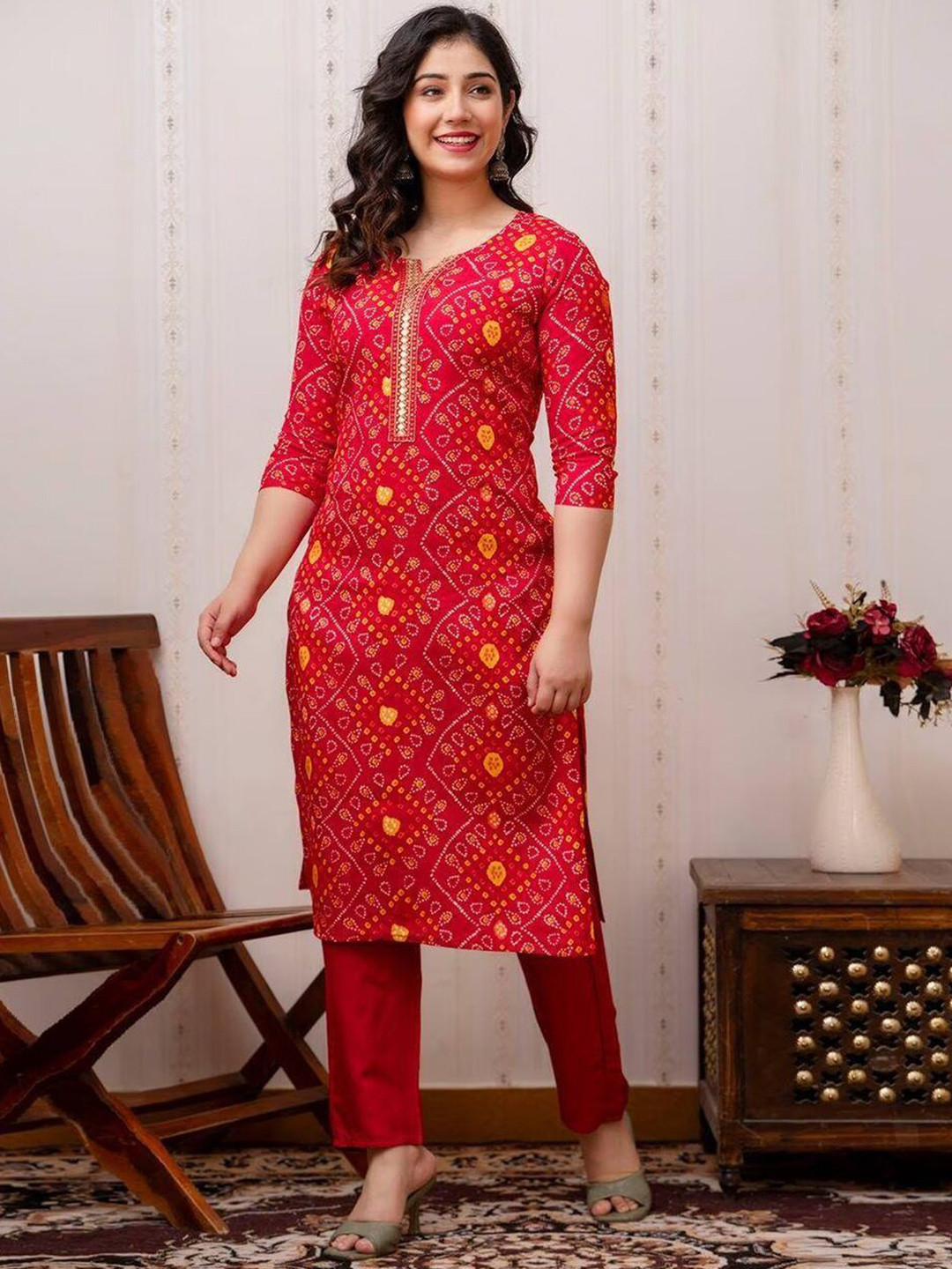 Tulip Eden Women Bandhani Printed Kurta with Trousers