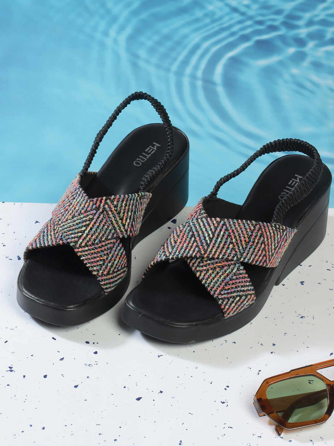 Metro Women Woven Design Open Toe Backstrap Wedge Sandals