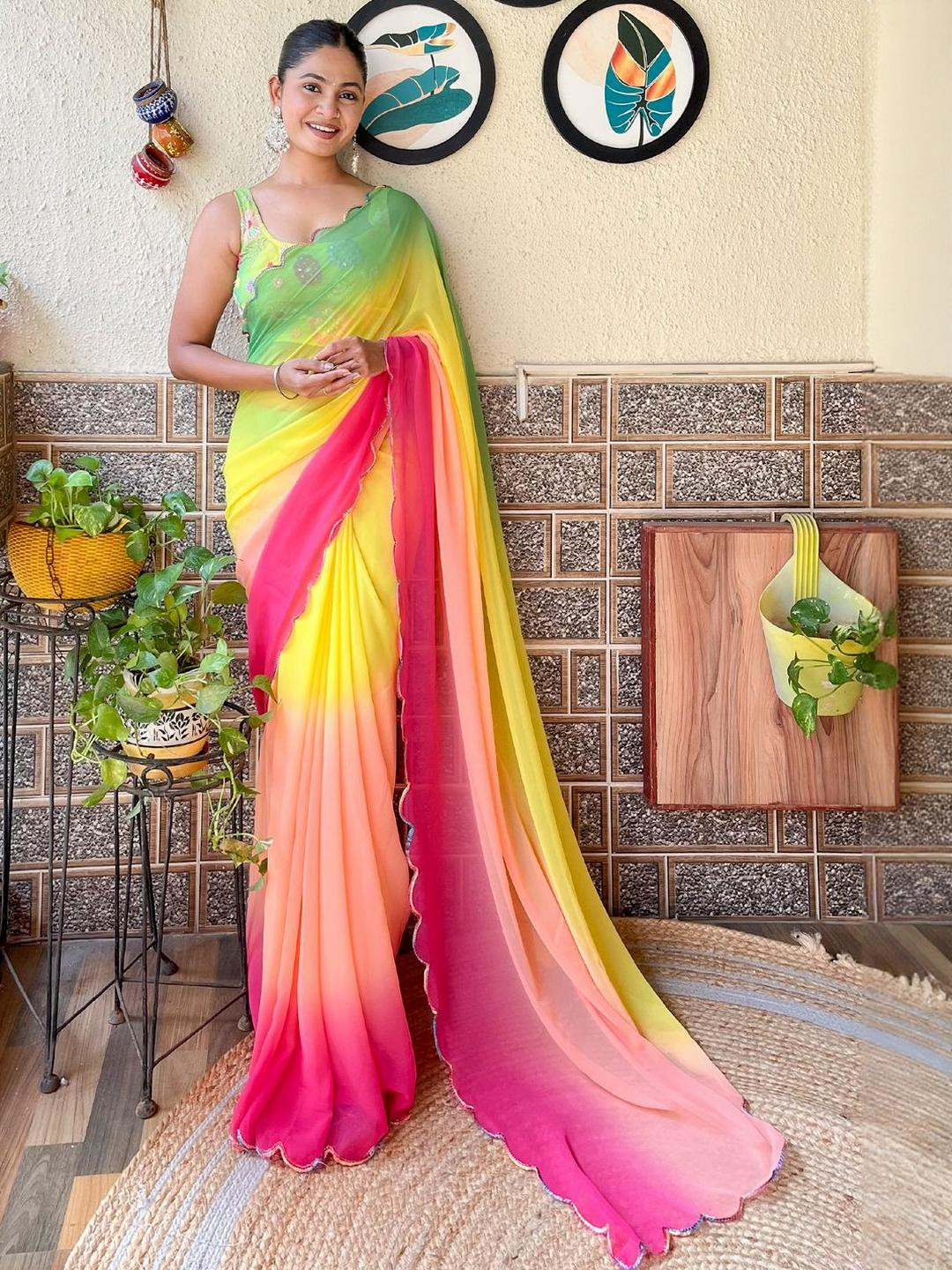 KALINI Colourblocked Saree With Embroidered Border