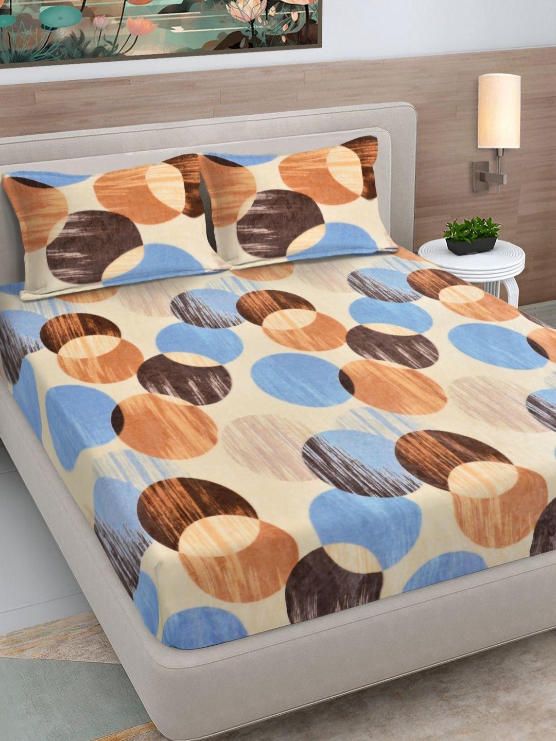 FABINALIV White Geometric Woollen 300 TC Fitted Double King Bedsheet Set-2.50mX2.25m