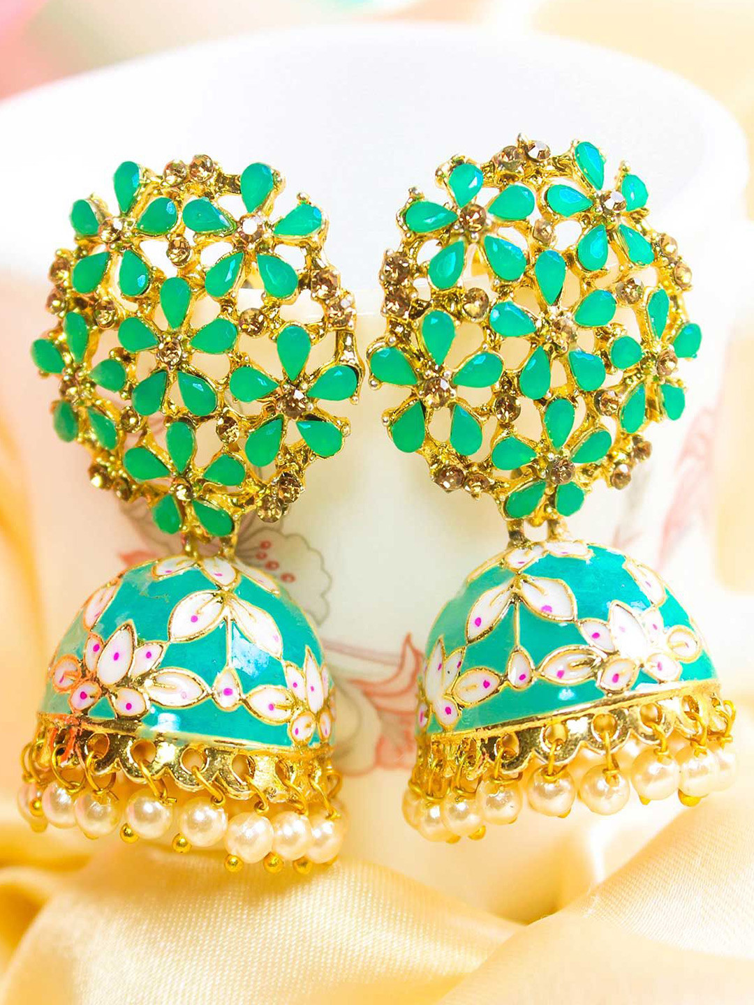Glamgem Gold-Plated Artificial Stones Studded And Pearls Beaded Dome Shaped Jhumkas