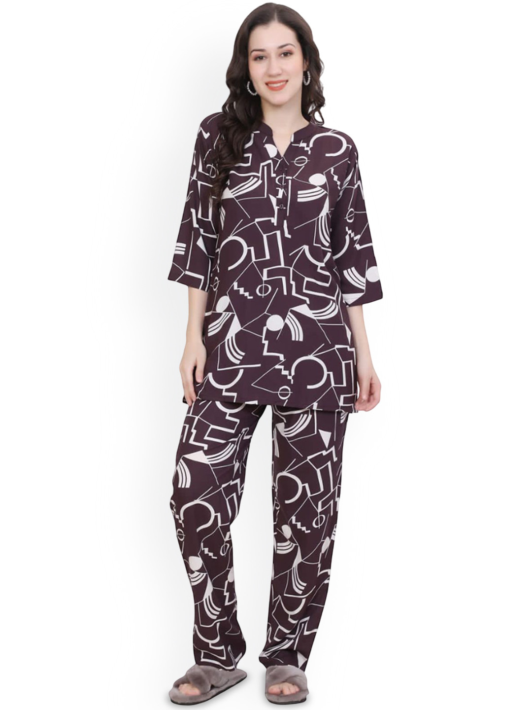 Ms.Lingies Women Geometric Printed Mandarin Collar Night suit