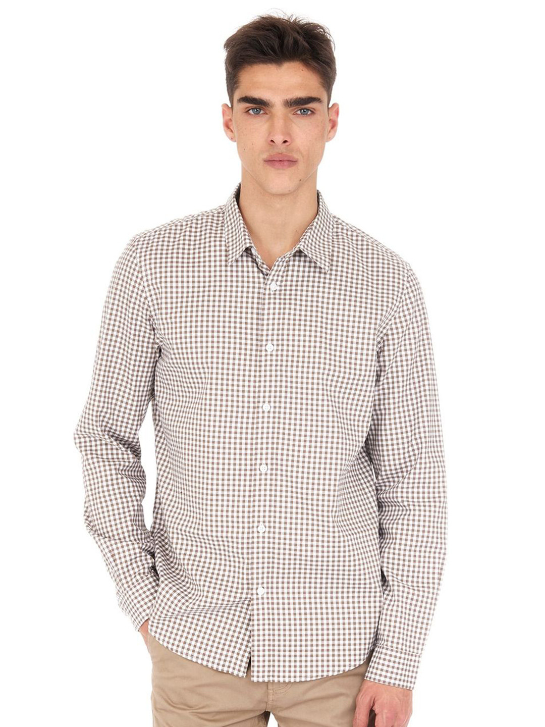GUESS Men Micro Checked Spread Collar Pure Cotton Casual Shirt